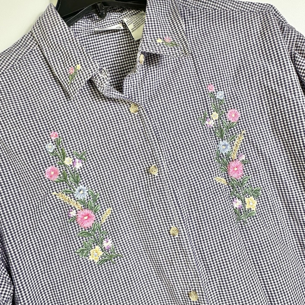 Vtg Basic Editions Womens Lg Navy Gingham Floral Embroidered Button Shirt EUC